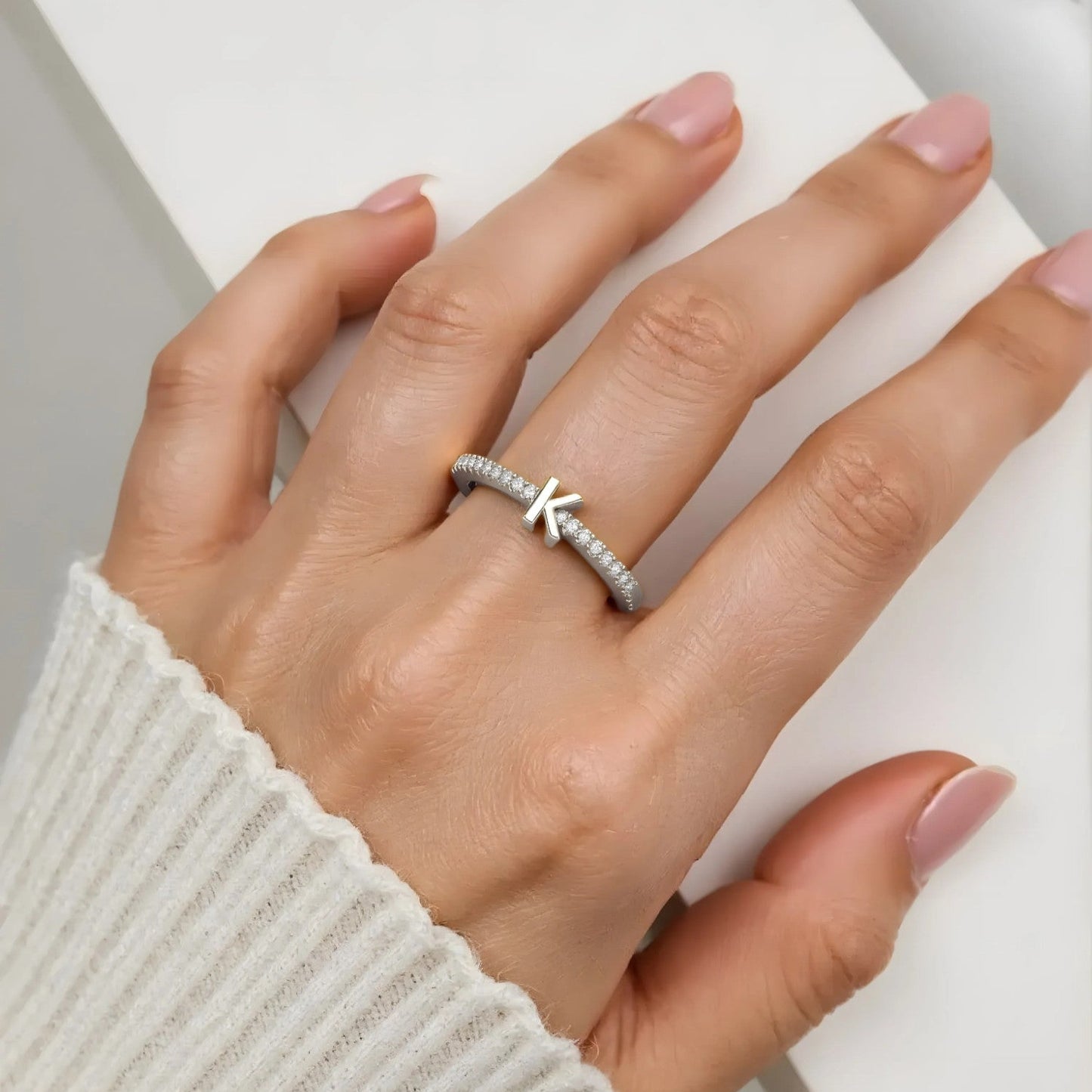 Vielring - Buchstaben Zirkonia Ring - 925 Silber - Gold / A