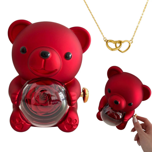 Vielring - Herz Halskette mit Bär-Rosengeschenkbox - 925 Silber - Gold / Roter Bär