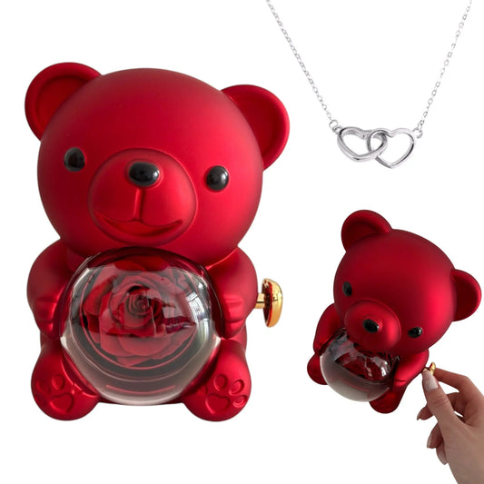 Vielring - Herz Halskette mit Bär-Rosengeschenkbox - 925 Silber - Silber / Roter Bär