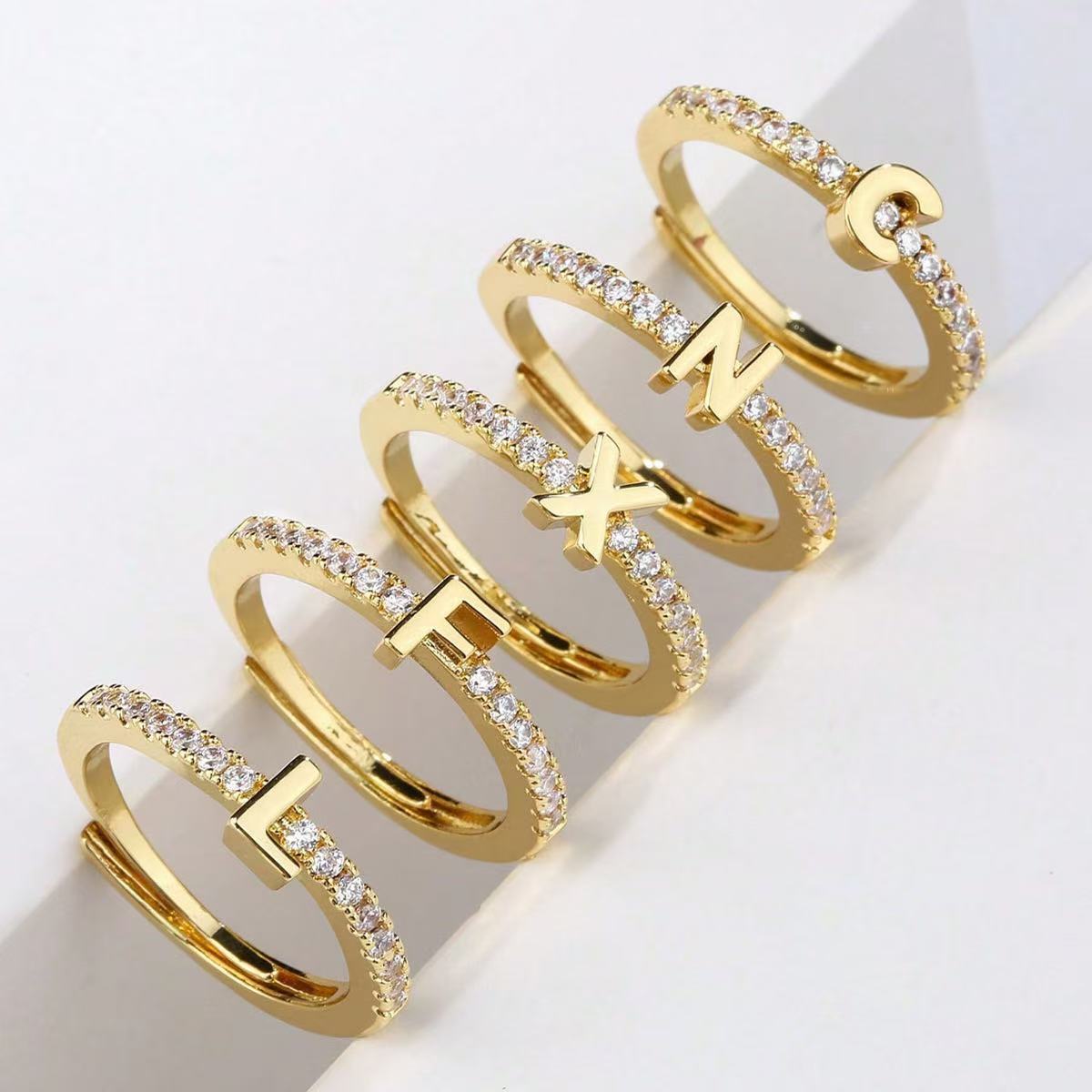 Vielring - Buchstaben Zirkonia Ring - 925 Silber - Gold / A