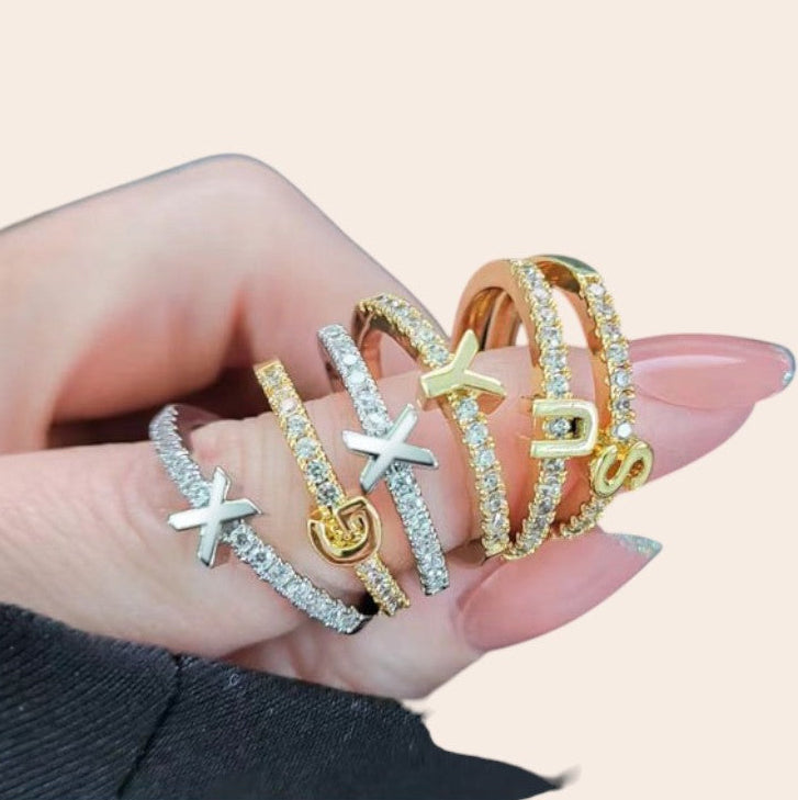 Vielring - Buchstaben Zirkonia Ring - 925 Silber - Gold / A