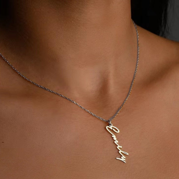 Vielring - Signatur Senkrechte Namenskette - 925 Silber - Gold / Edelstahl / 40+5 cm