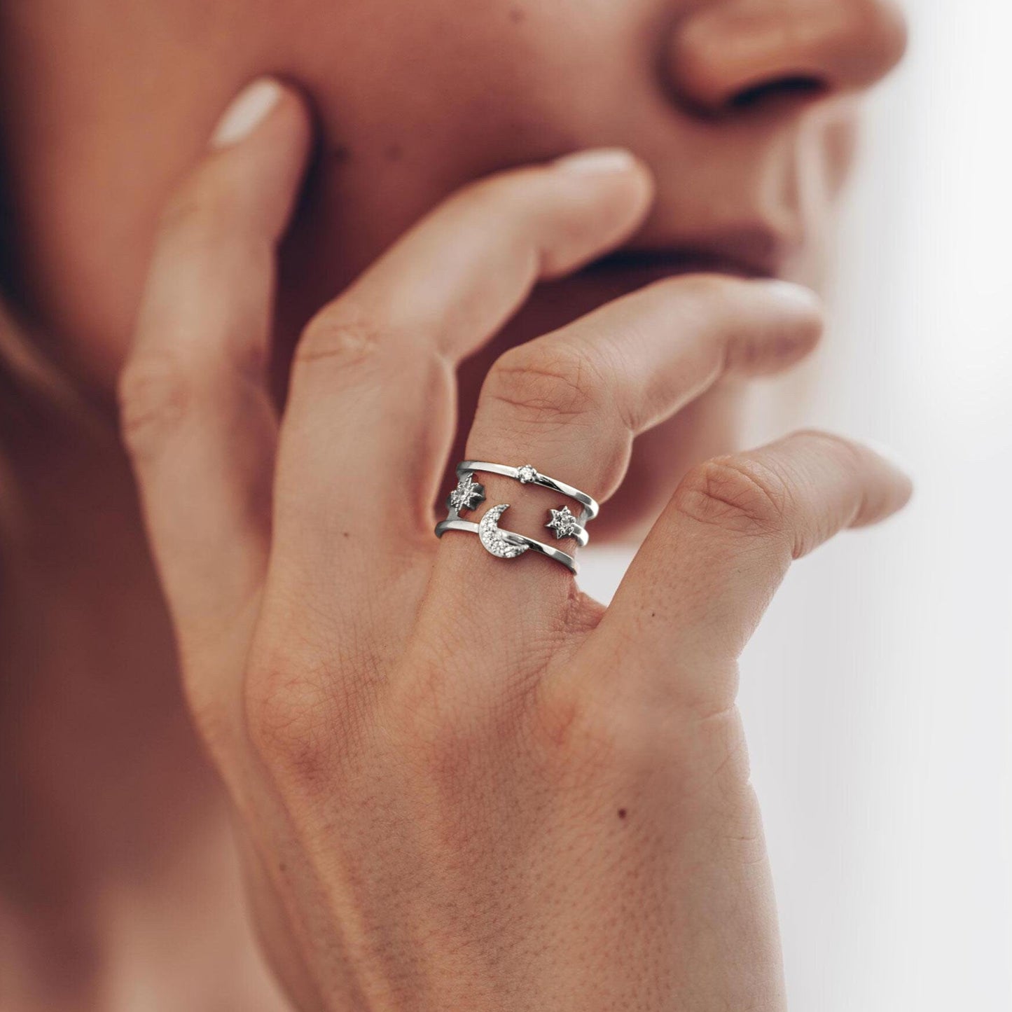 Vielring - Mond Sternen Doppel Ring - 925 Silber - Gold