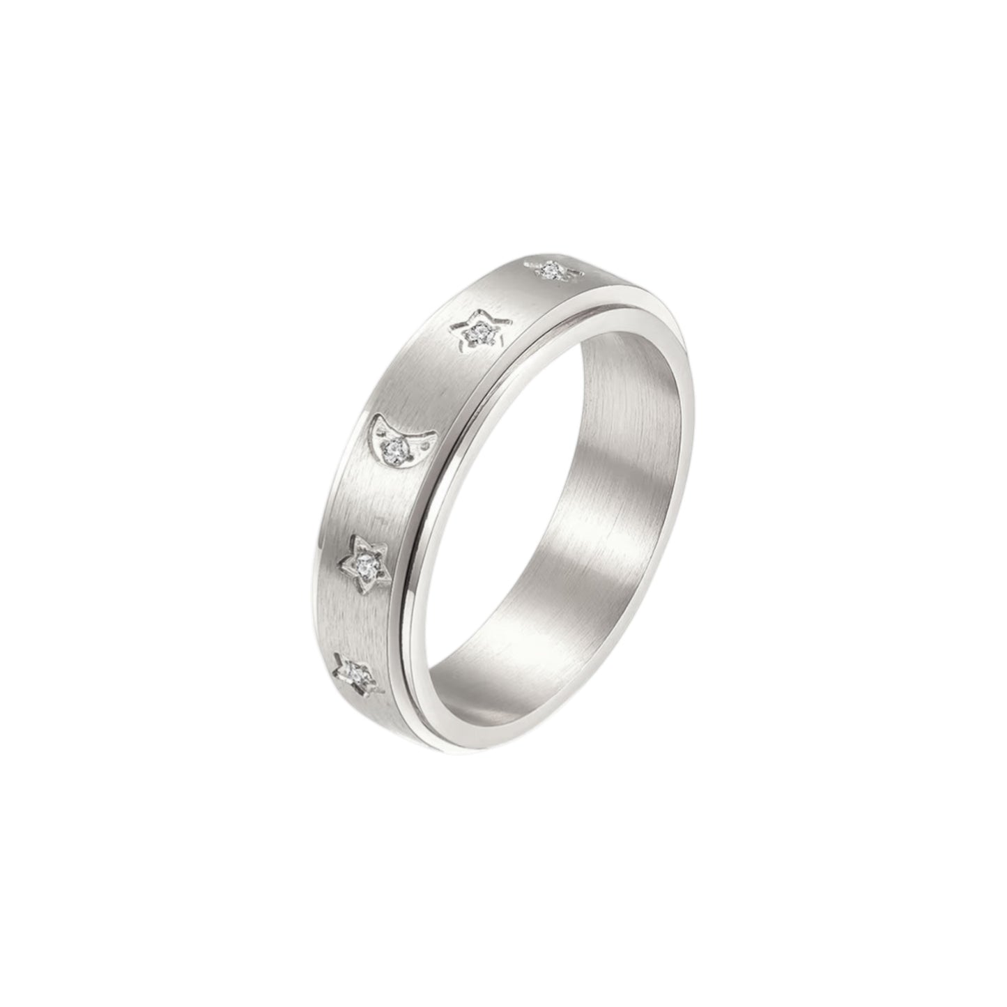 Vielring - Mond Sternen Anti-Stress-Ring – Edelstahl - Silber / 49 | ø15.6