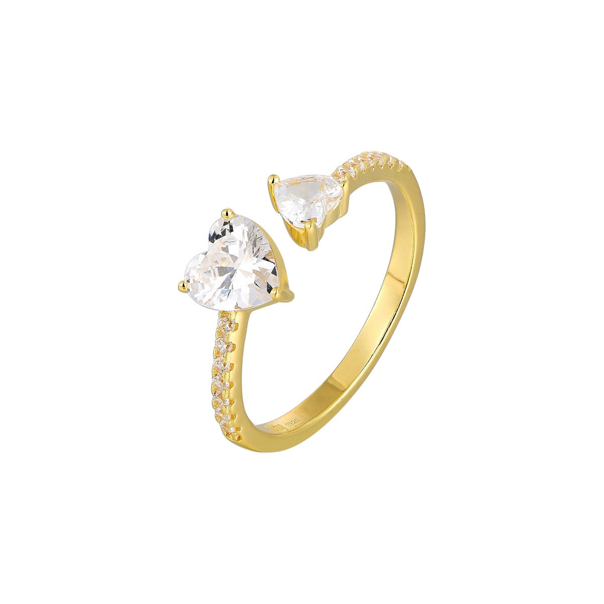 Vielring - Ring mit doppelten Zirkonia Steinen Herzen - 925 Silber - Gold