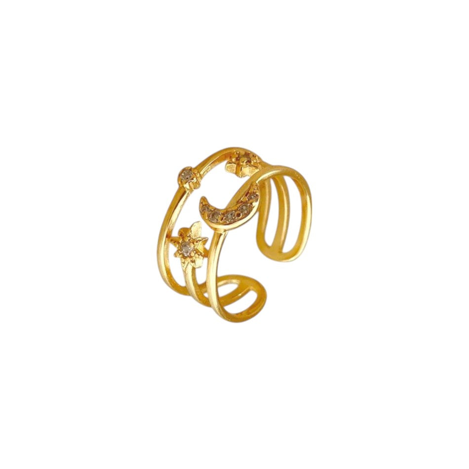 Gold Moon Star Double Ring • 925 Sterling Silver