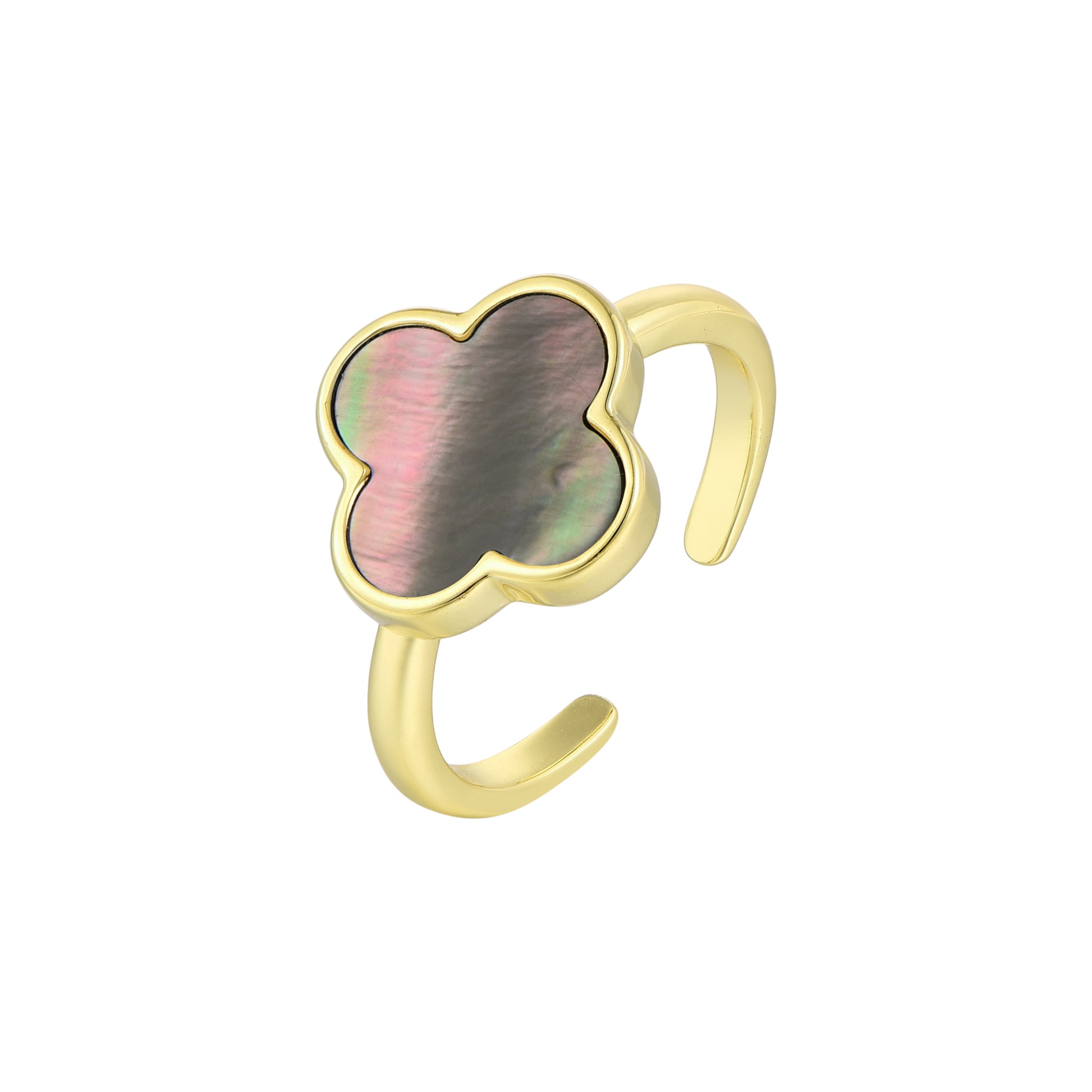 Vielring - Klee Schwarzer Perlmutt Ring - 925 Silber - Gold