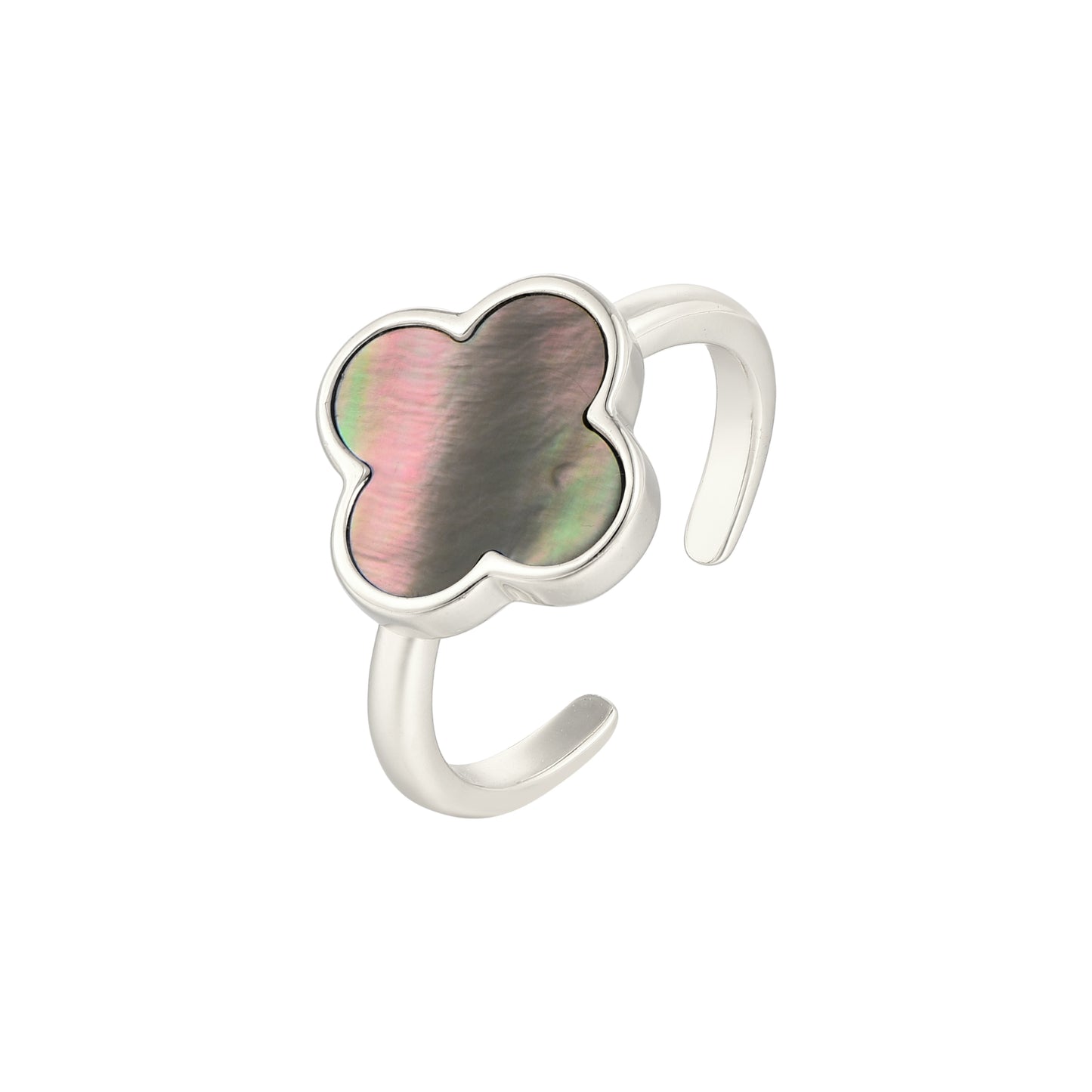 Vielring - Klee Schwarzer Perlmutt Ring - 925 Silber - Silber