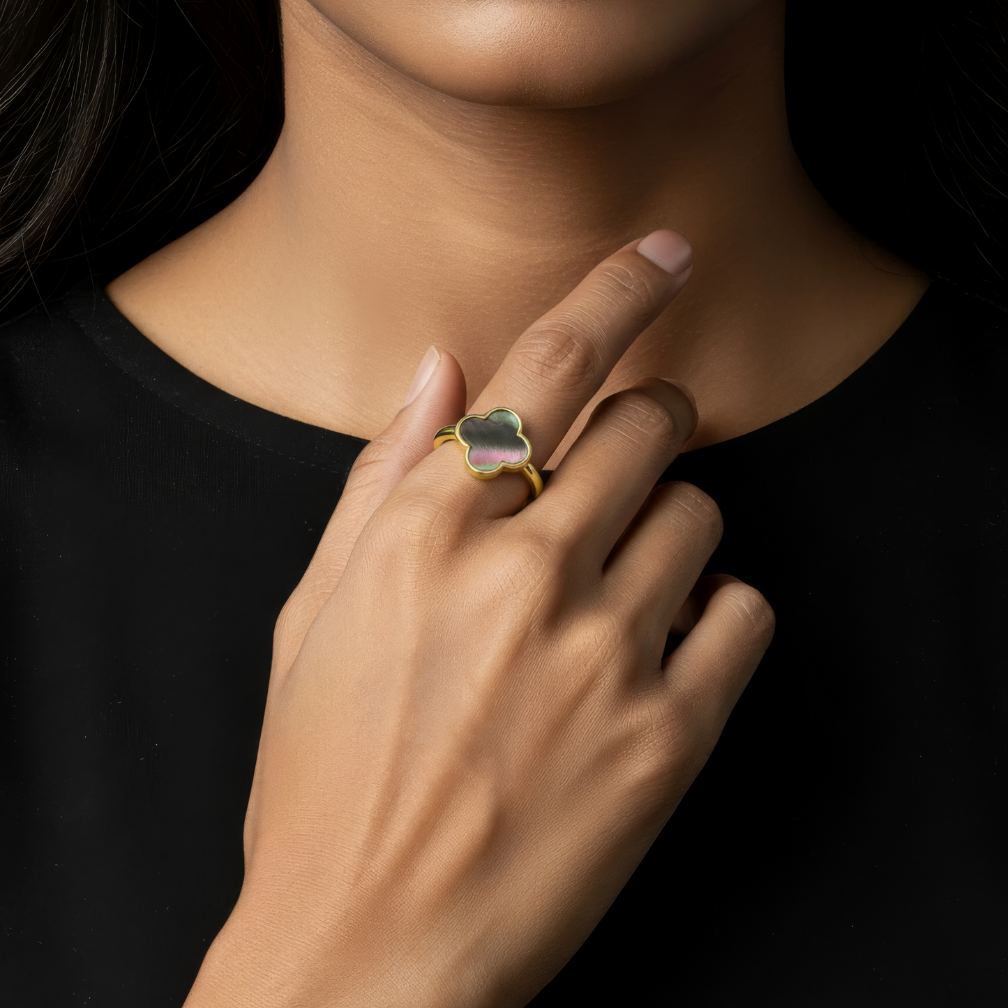 Vielring - Klee Schwarzer Perlmutt Ring - 925 Silber - Gold