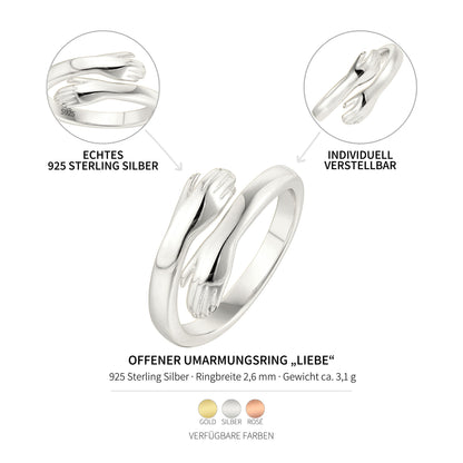 Vielring sterling silver open hug ring symbolizing love and connection. Adjustable fit, 925 silver.